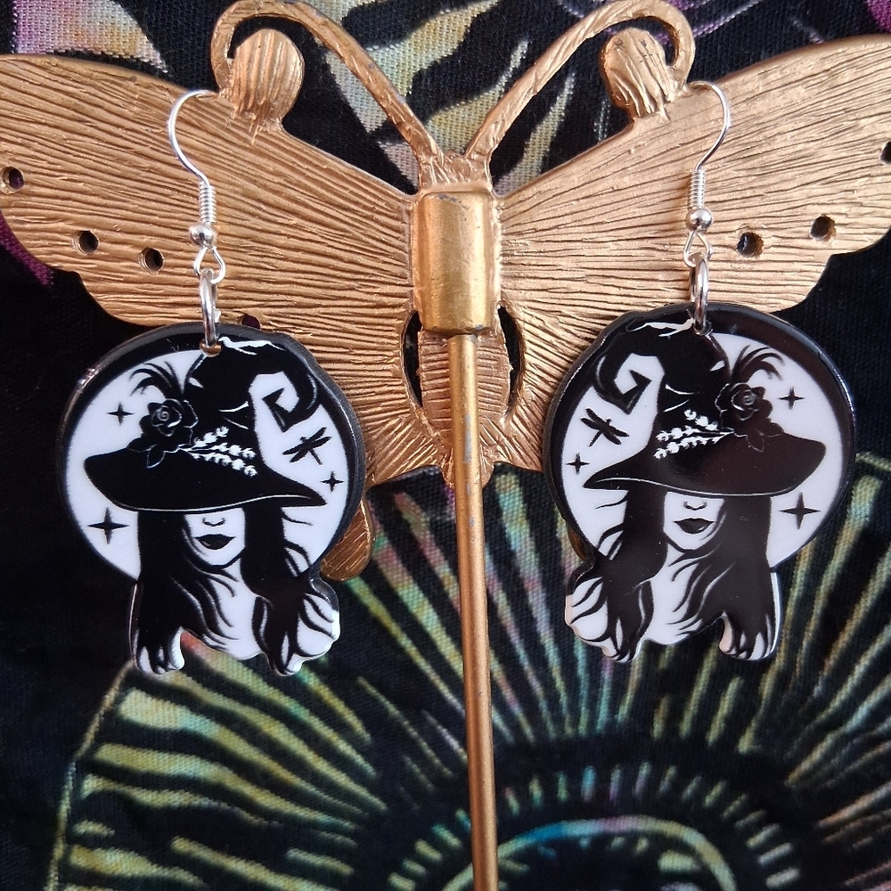 Witchy Woman Earrings Witch Hat Black & White French Hooks - Picture 8 of 11